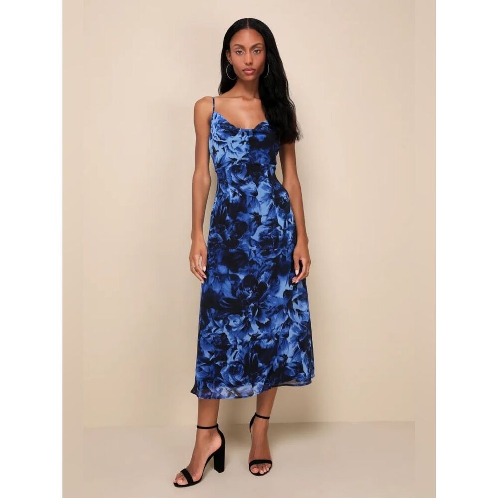 Lulus Beautiful Persona Blue Floral Chiffon Cowl A Line Midi Dress Size S NWT